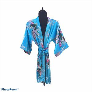 Silk  Robe Blue  Kimono Peacocks One Size